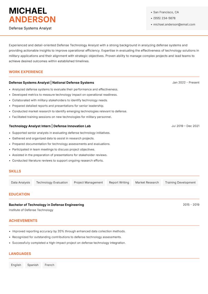 Defense Technology Analyst resume sample — Defense Systems Analyst focus