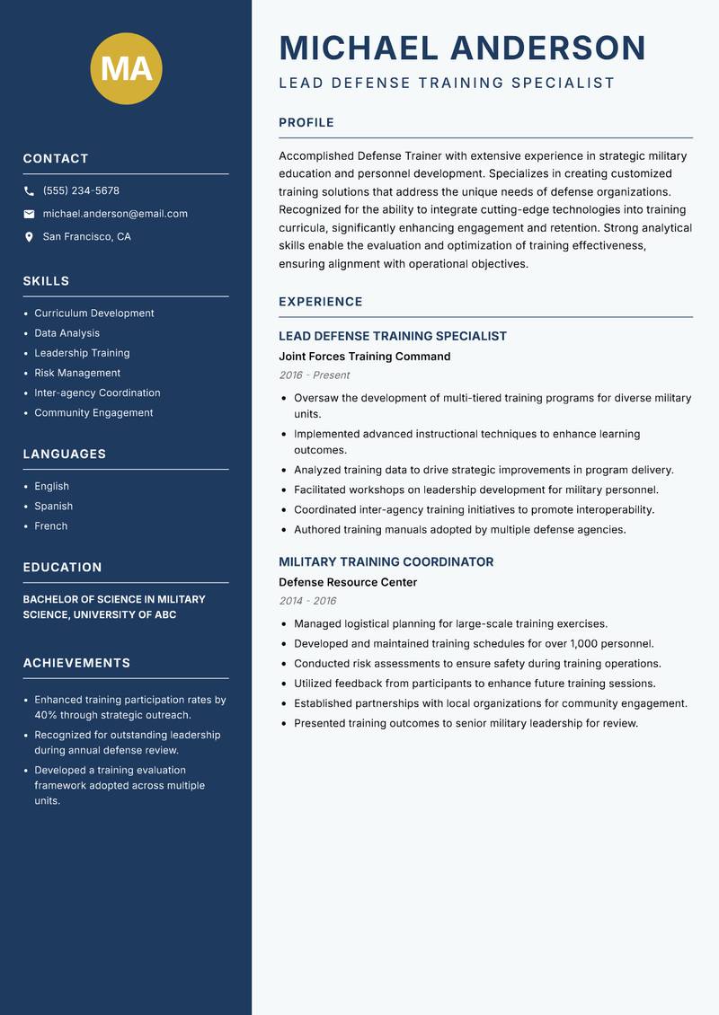 Defense Trainer resume sample — Lead Defense Training Specialist focus