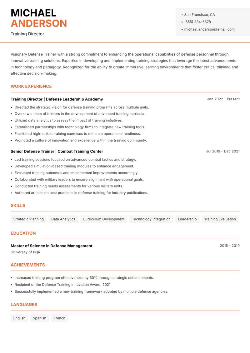 Defense Trainer resume sample — Training Director focus