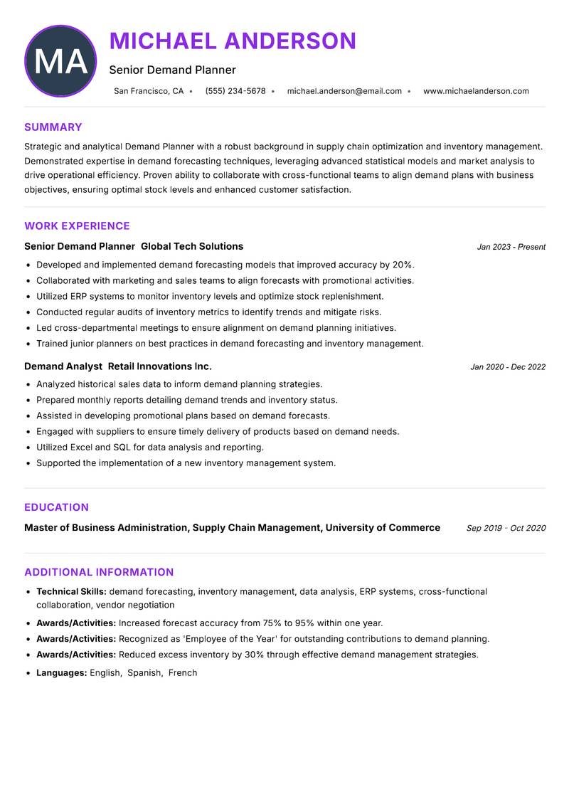 Demand Planner resume example — Supply Chain