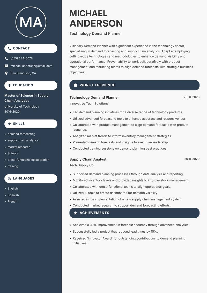Demand Planner resume sample — Technology Demand Planner focus