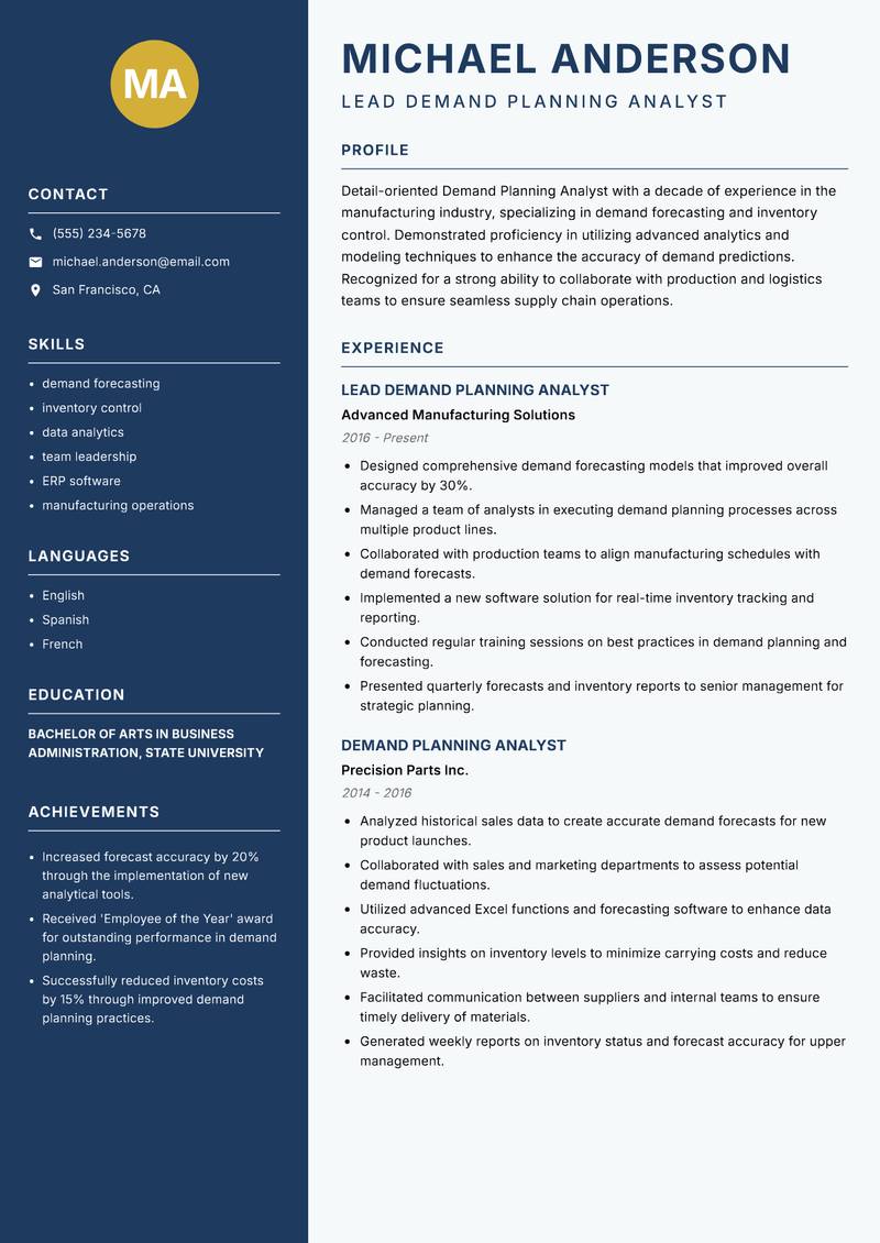 Demand Planning Analyst resume sample — Lead Demand Planning Analyst focus