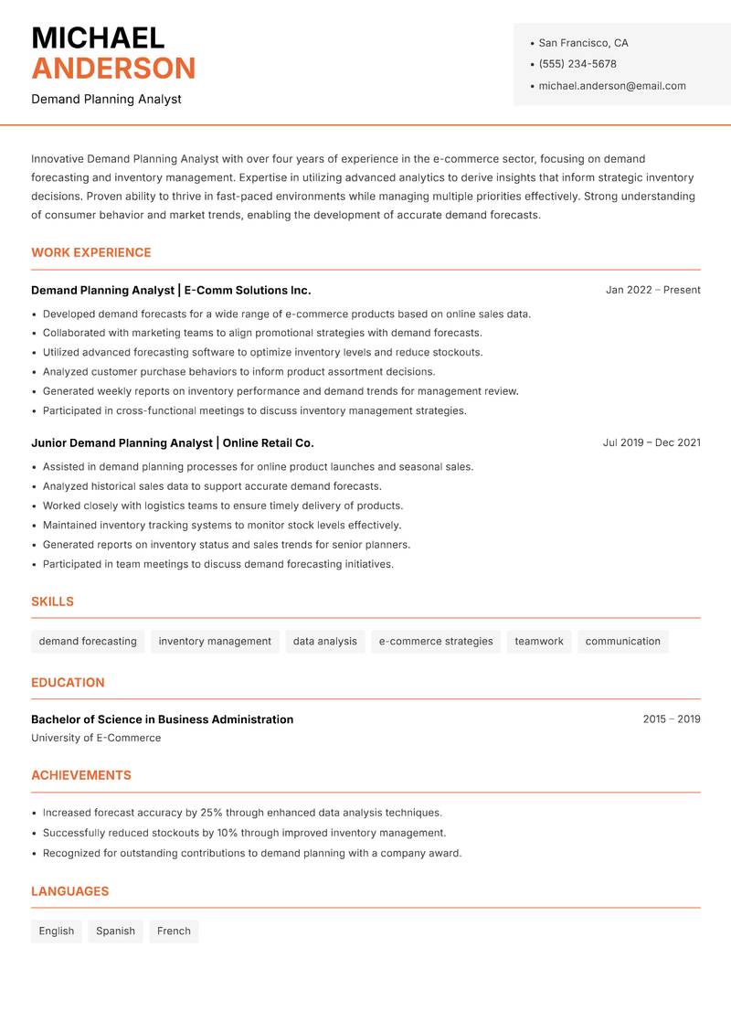 Demand Planning Analyst resume sample — Demand Planning Analyst focus
