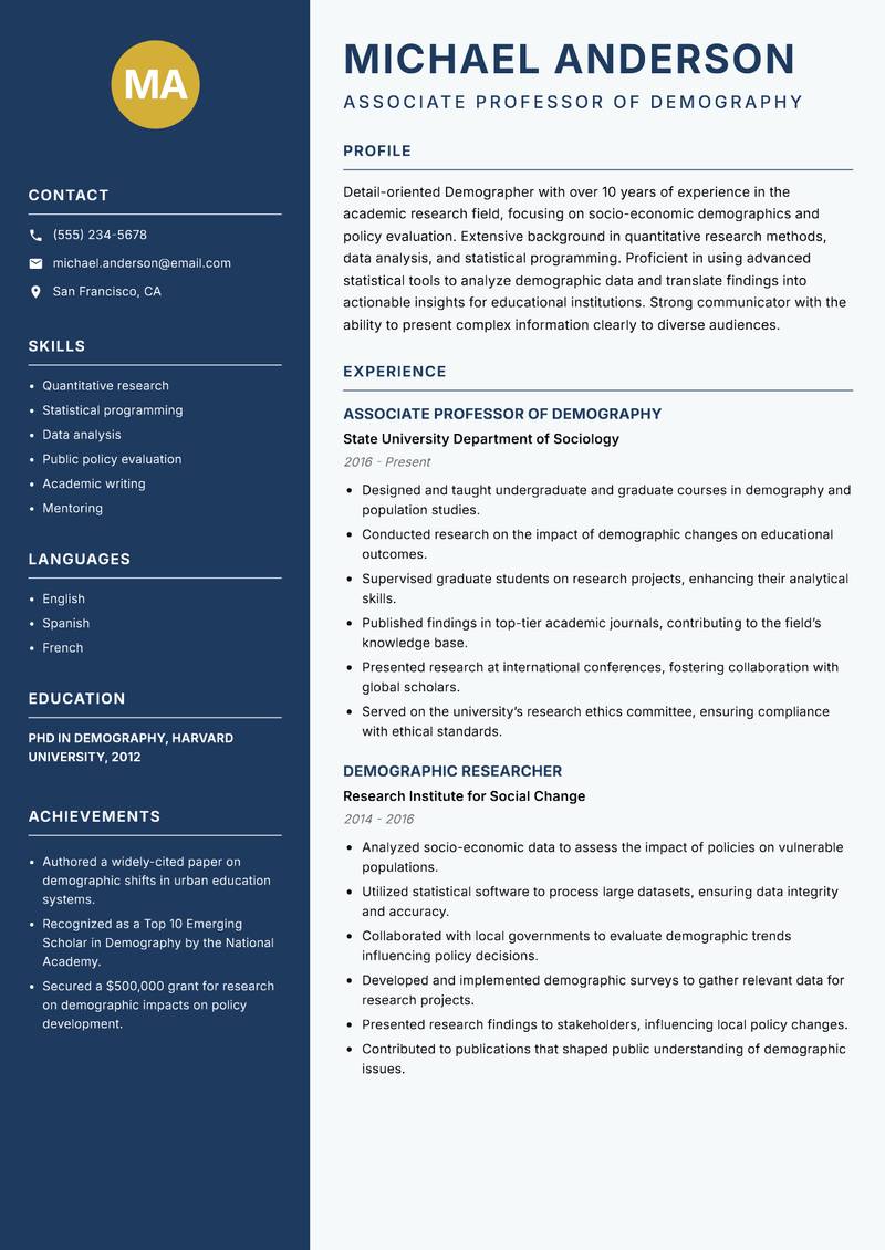 Demographer resume sample — Associate Professor of Demography focus