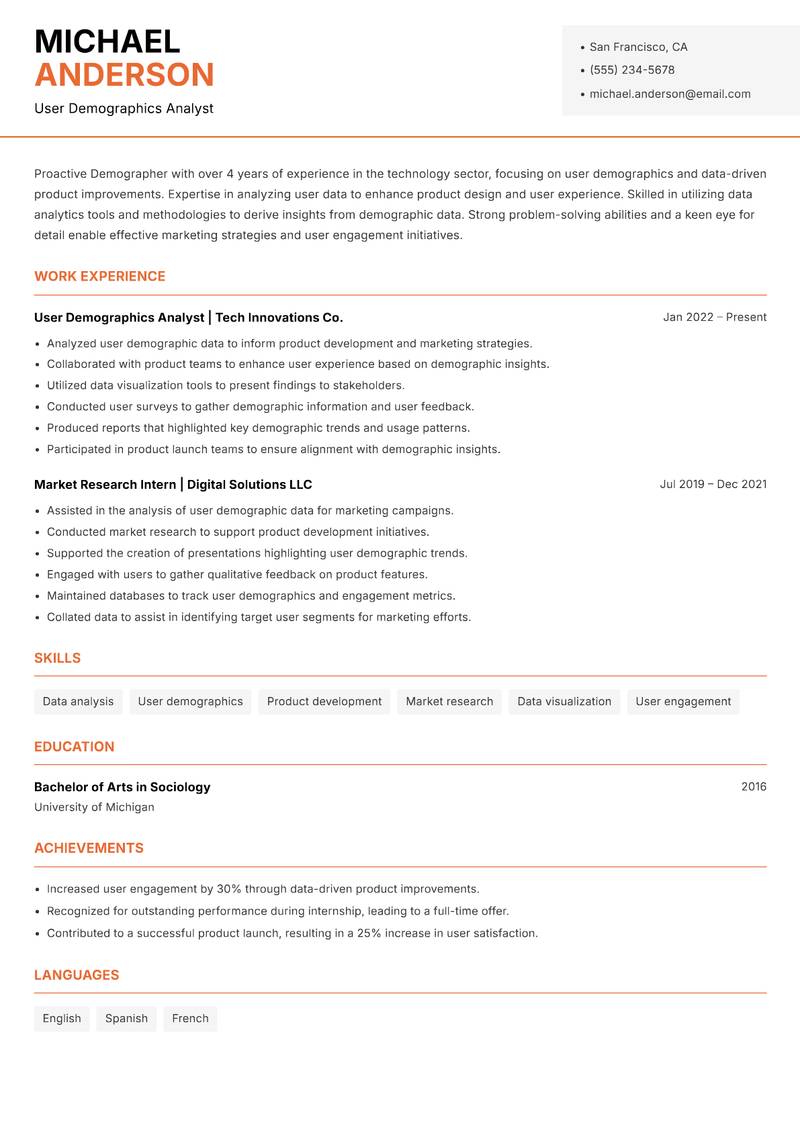 Demographer resume sample — User Demographics Analyst focus