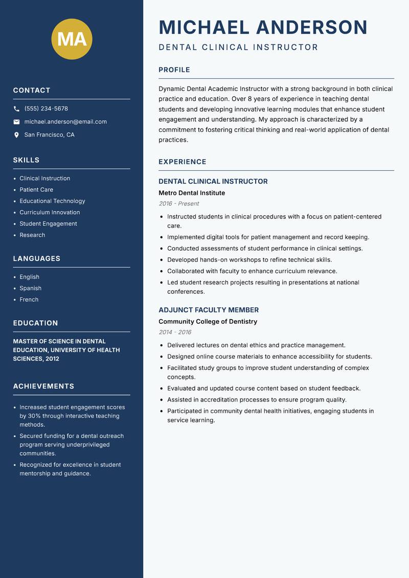 Dental Academic Instructor resume sample — Dental Clinical Instructor focus