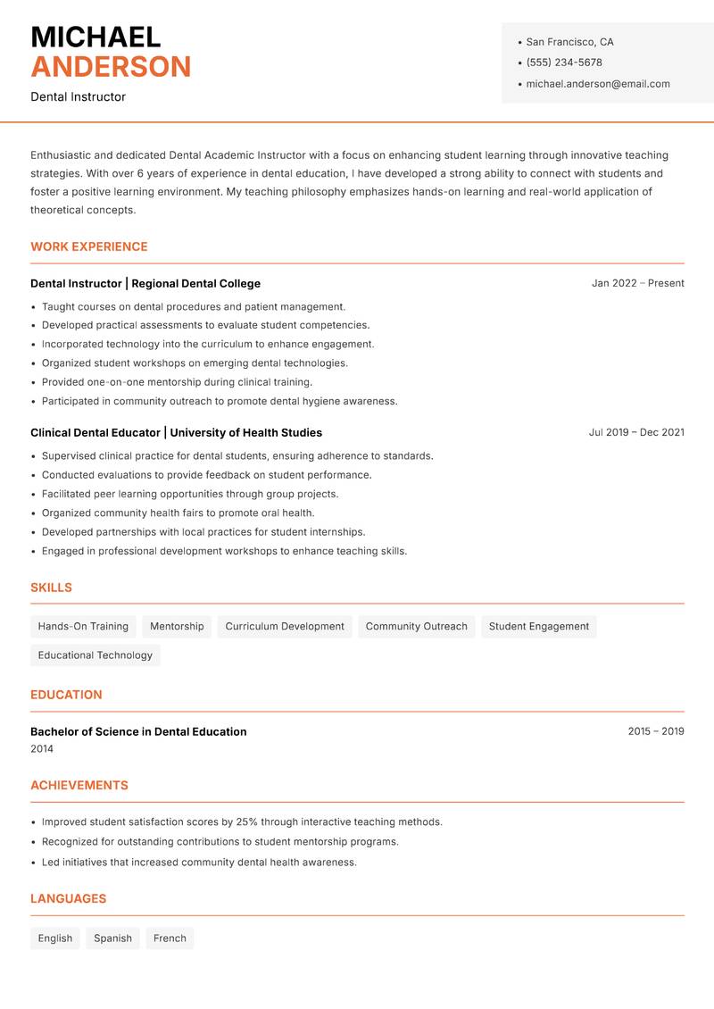 Dental Academic Instructor resume sample — Dental Instructor focus