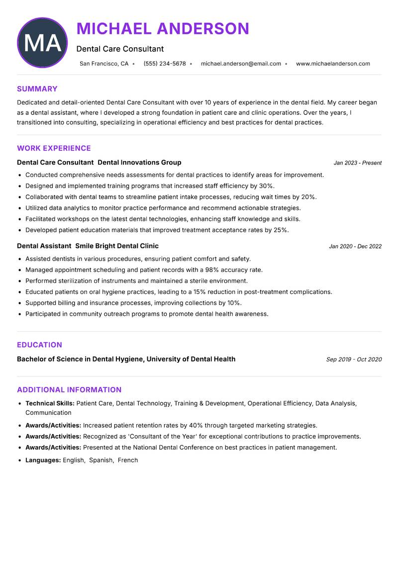 Dental Care Consultant resume example