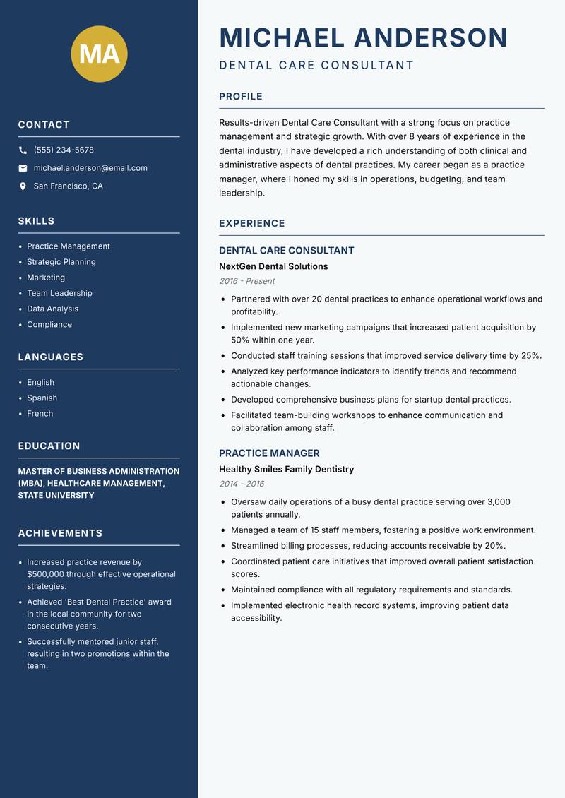Dental Care Consultant resume sample — Dental Care Consultant focus