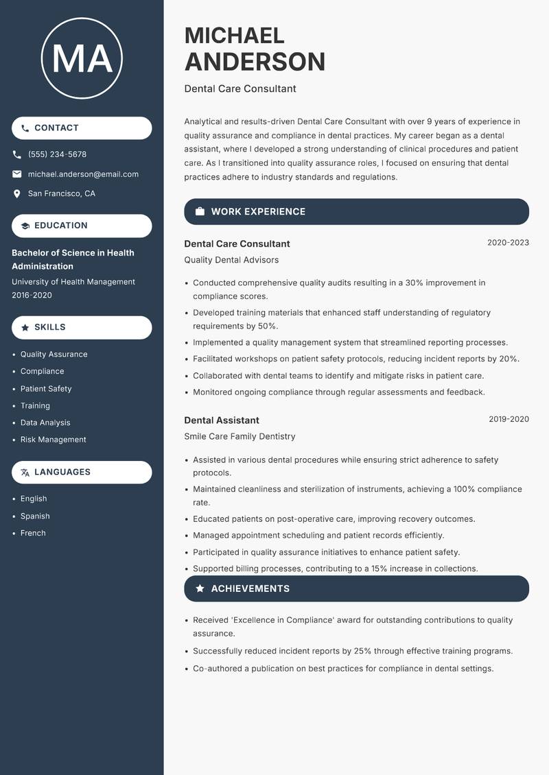 Dental Care Consultant resume sample — Dental Care Consultant focus