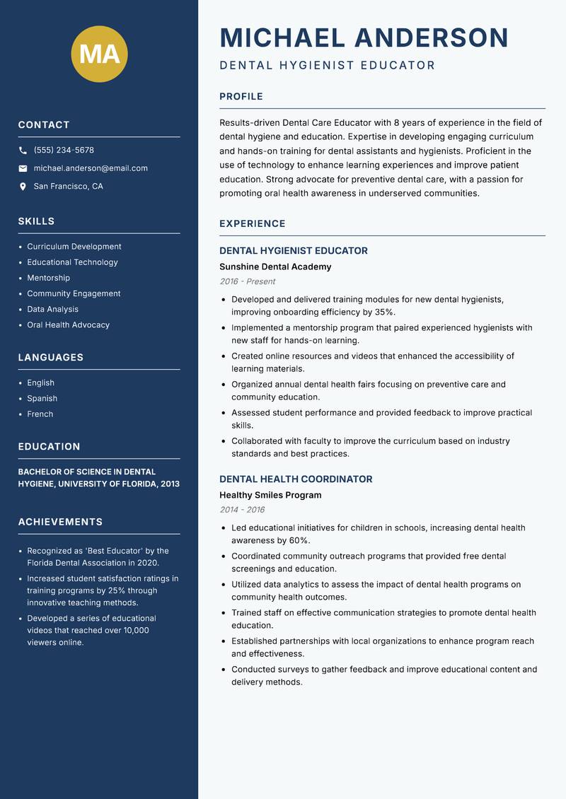 Dental Care Educator resume sample — Dental Hygienist Educator focus