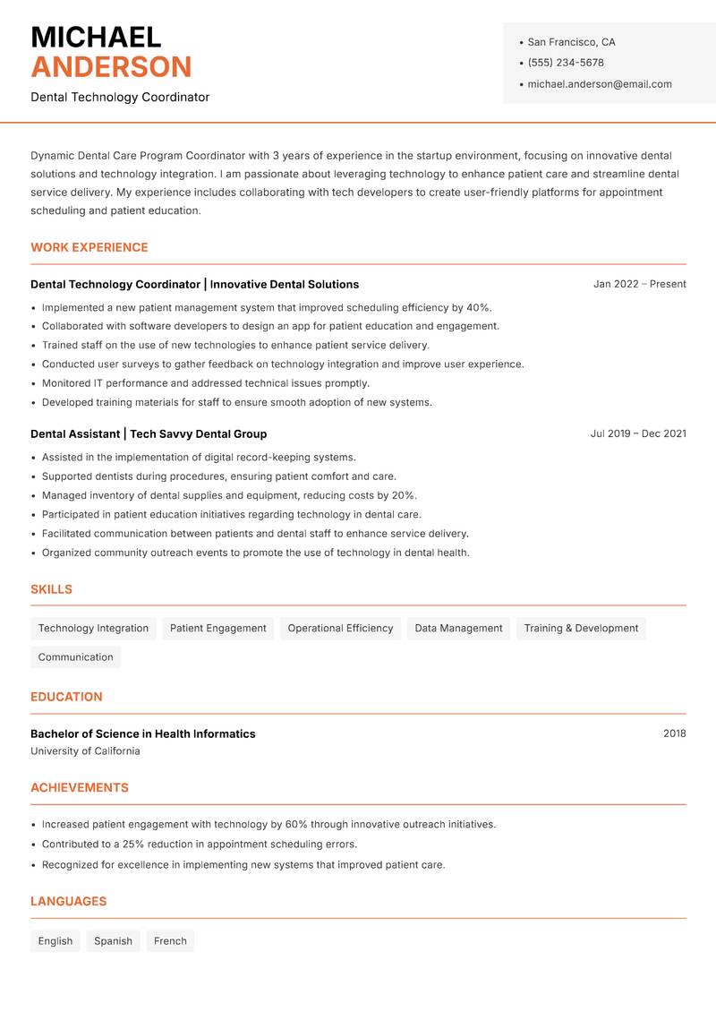Dental Care Program Coordinator resume sample — Dental Technology Coordinator focus