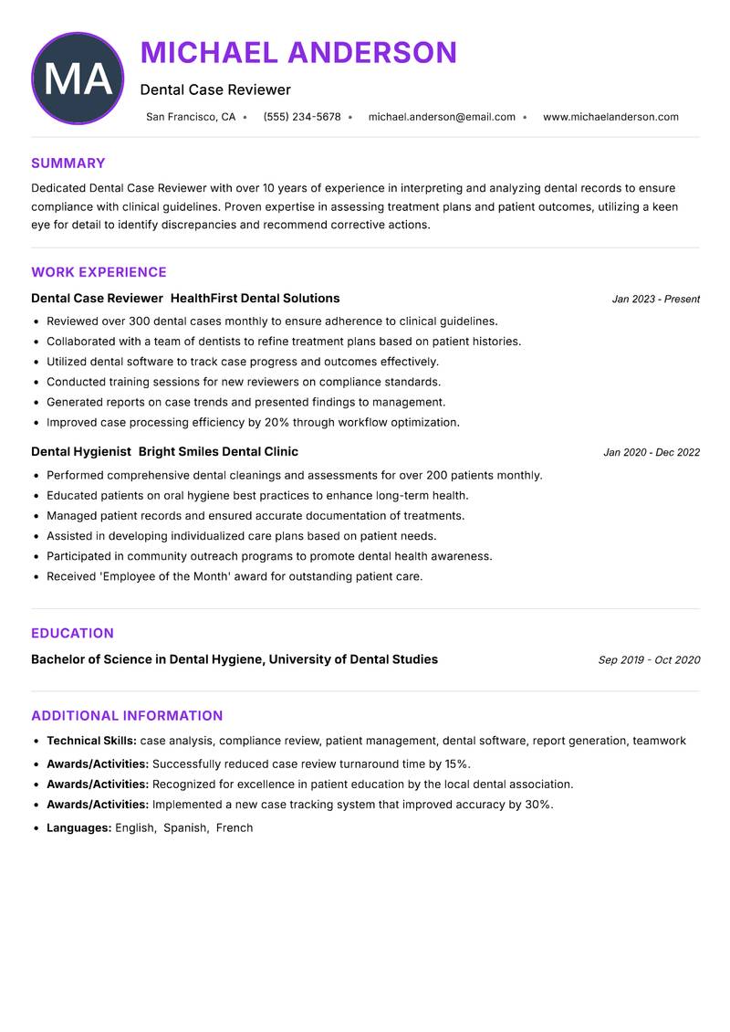 Dental Case Reviewer resume example