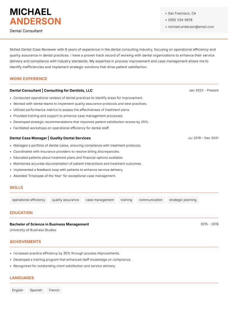 Dental Case Reviewer resume sample — Dental Consultant focus