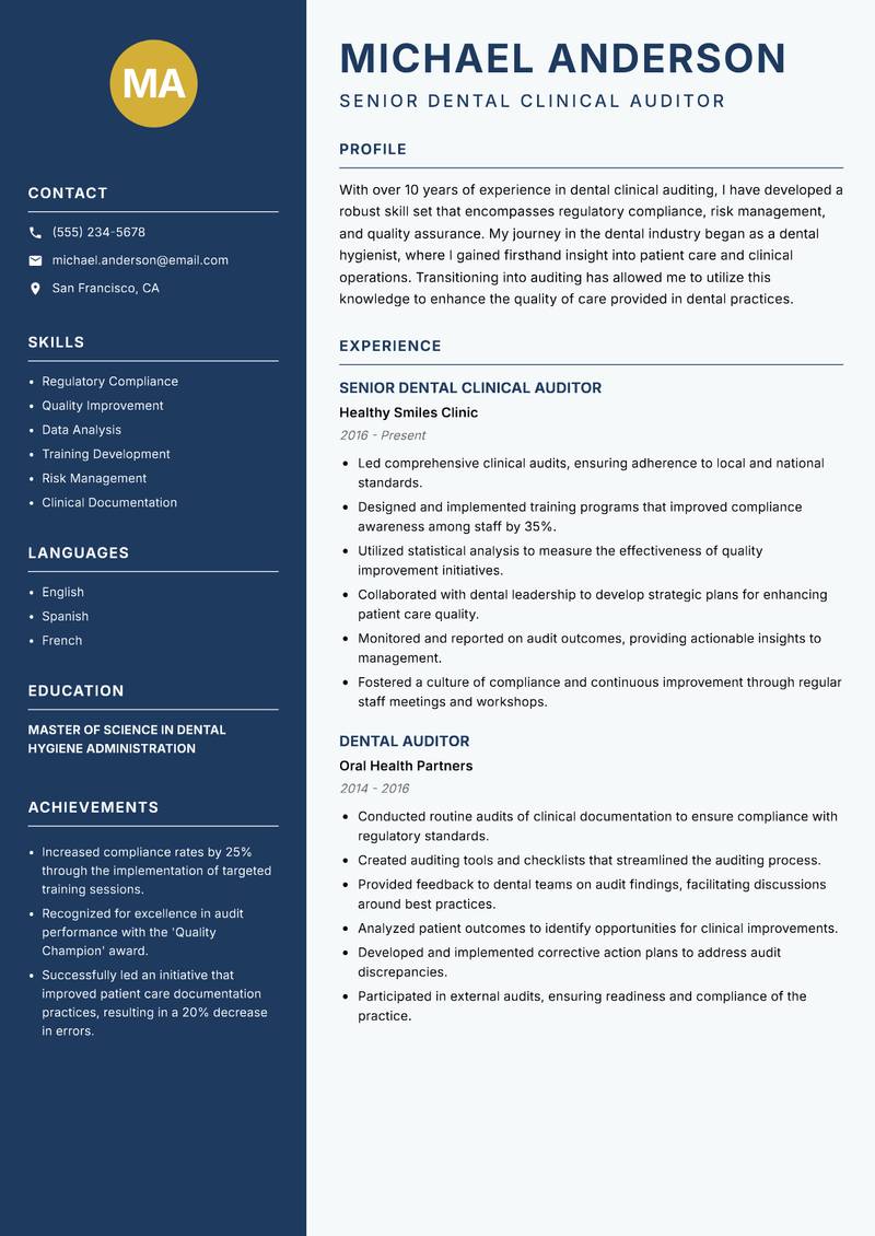 Dental Clinical Auditor resume sample — Senior Dental Clinical Auditor focus