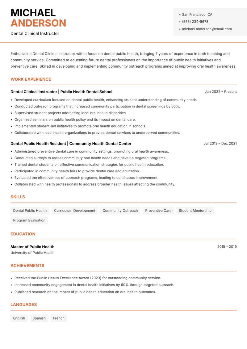 Dental Clinical Instructor resume sample — Dental Clinical Instructor focus