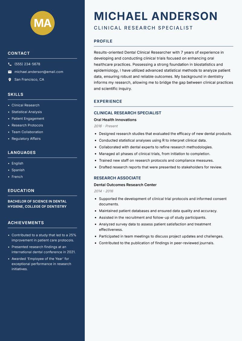 Dental Clinical Researcher resume sample — Clinical Research Specialist focus