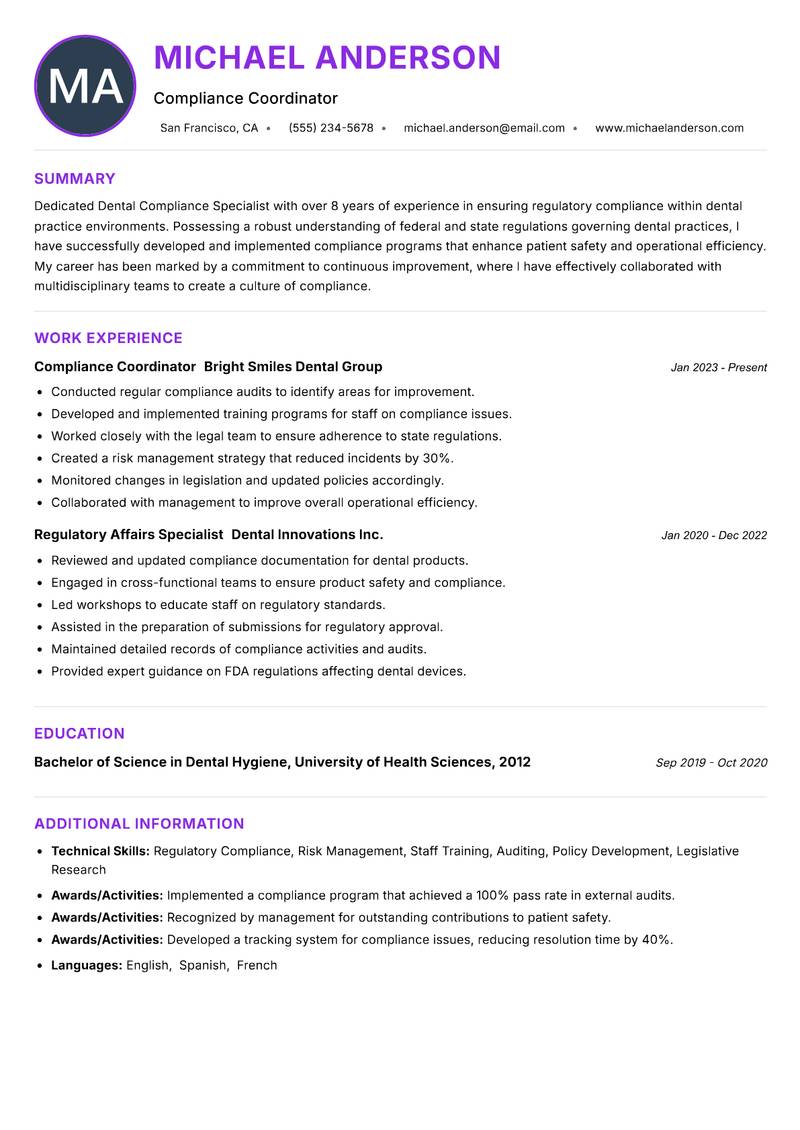 Dental Compliance Specialist resume example