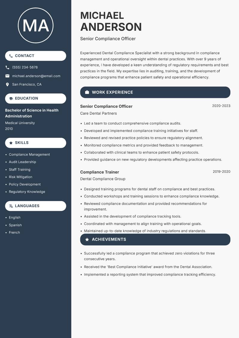 Dental Compliance Specialist resume sample — Senior Compliance Officer focus