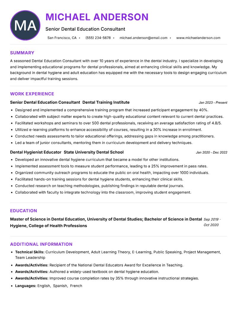 Dental Education Consultant resume example