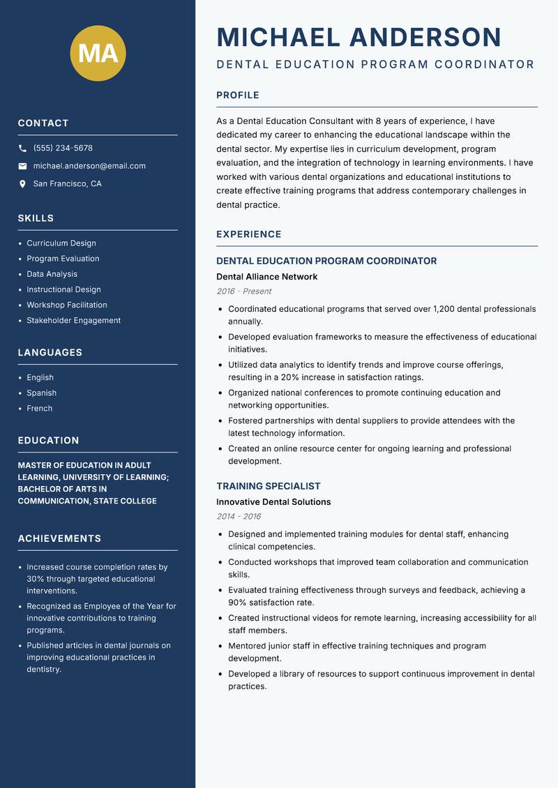 Dental Education Consultant resume sample — Dental Education Program Coordinator focus