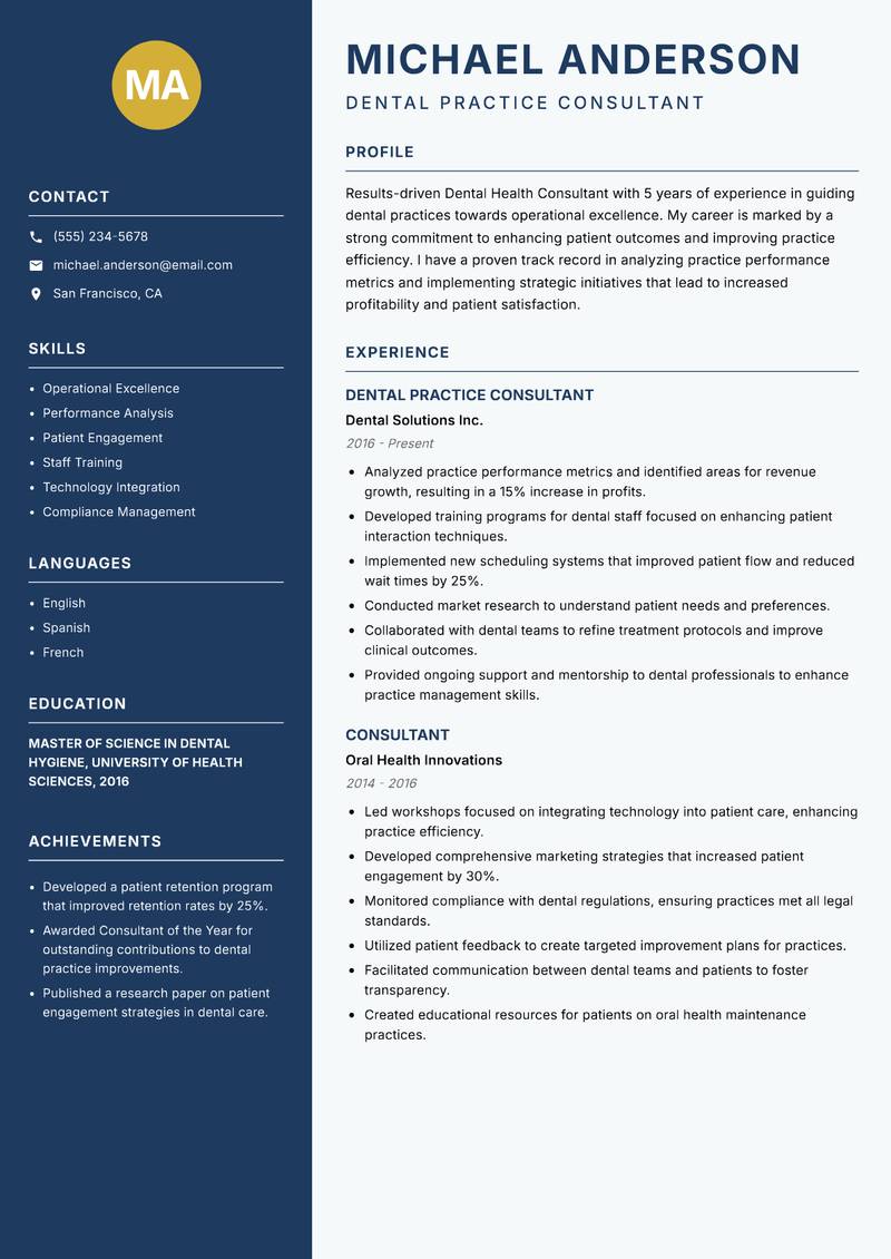 Dental Health Consultant resume sample — Dental Practice Consultant focus