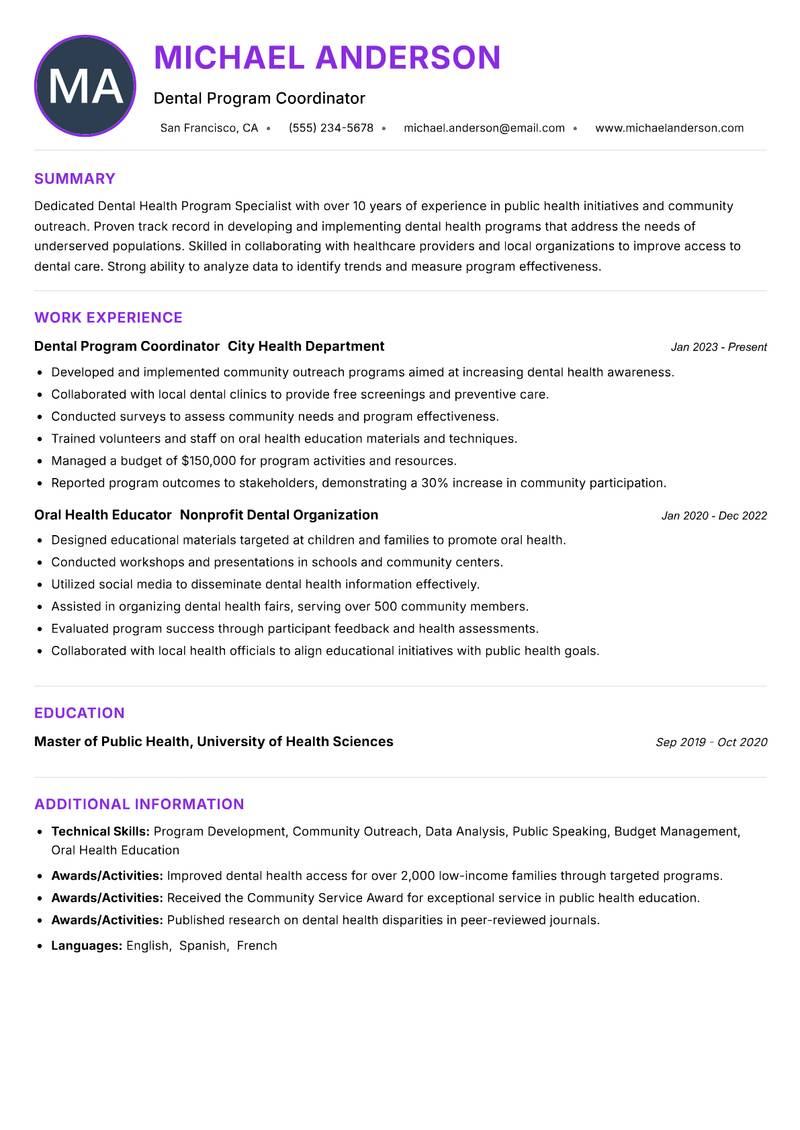 Dental Health Program Specialist resume example