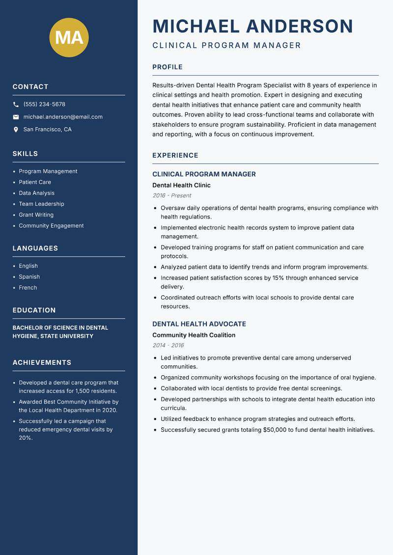 Dental Health Program Specialist resume sample — Clinical Program Manager focus