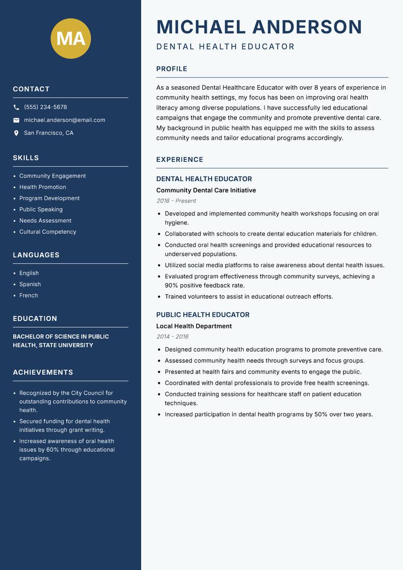Dental Healthcare Educator resume sample — Dental Health Educator focus