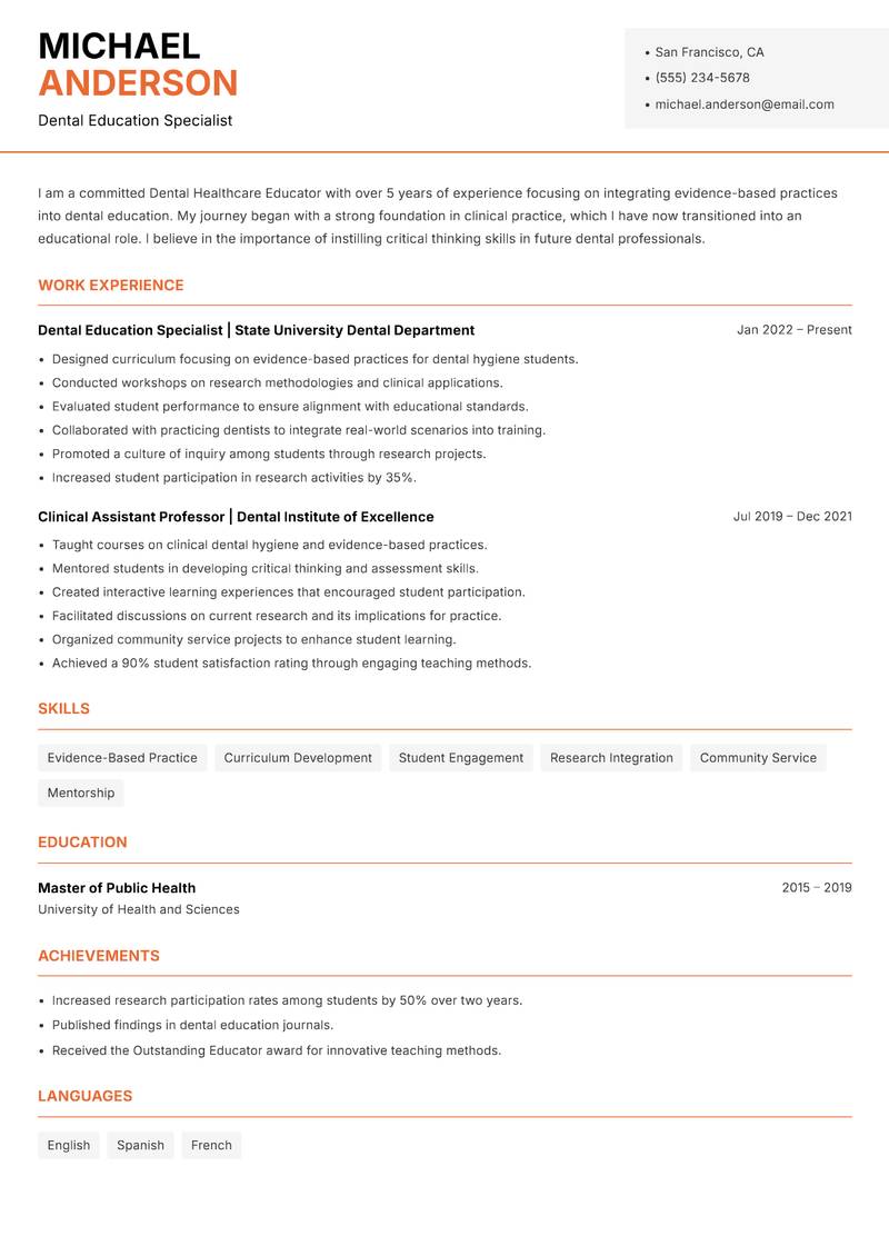 Dental Healthcare Educator resume sample — Dental Education Specialist focus