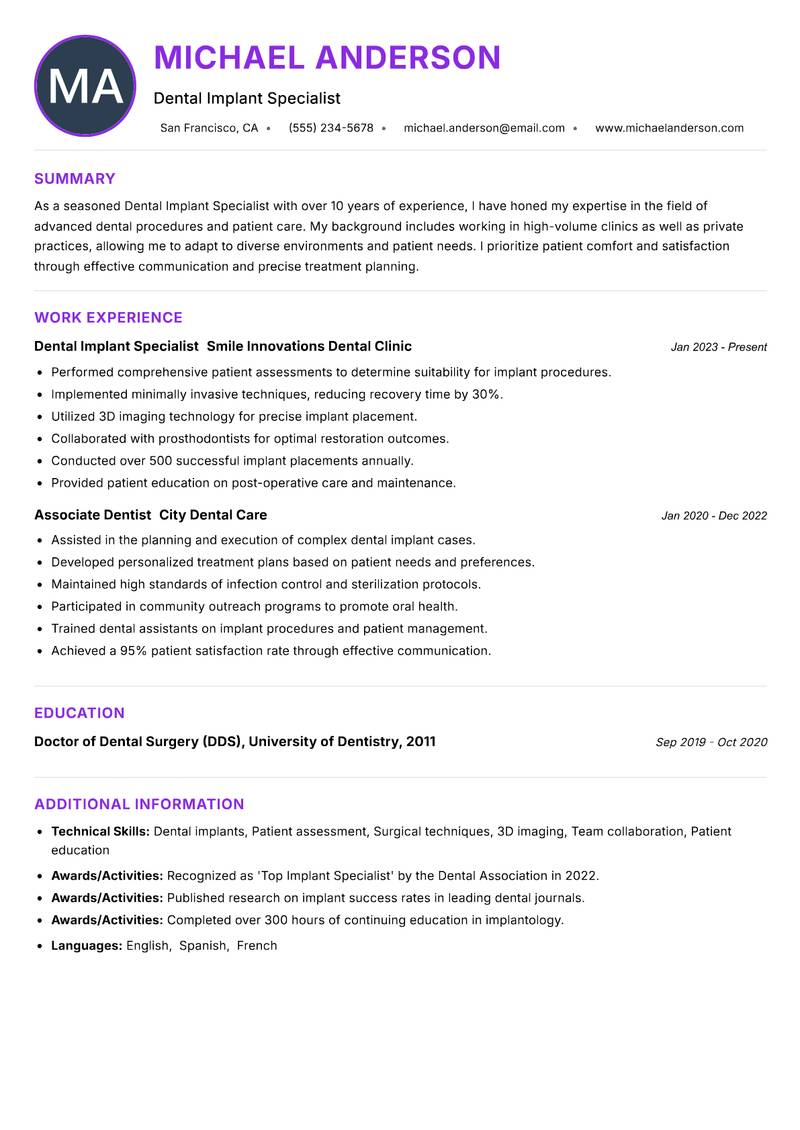 Dental Implant Specialist resume example
