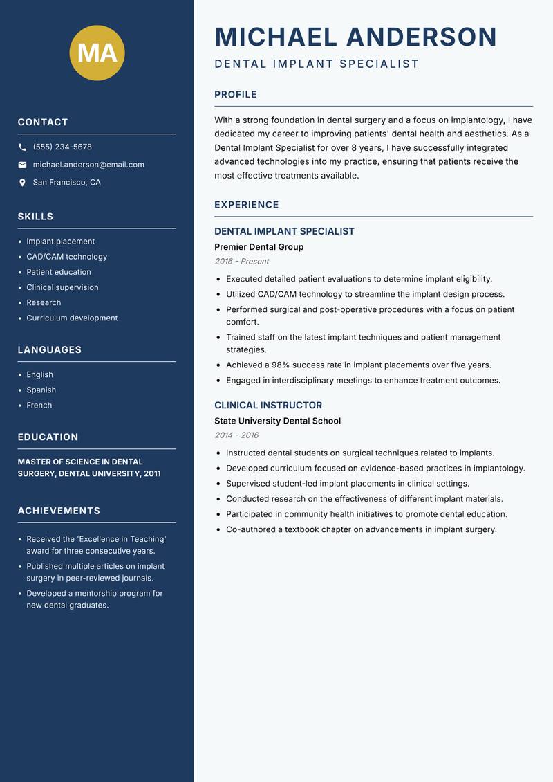 Dental Implant Specialist resume sample — Dental Implant Specialist focus