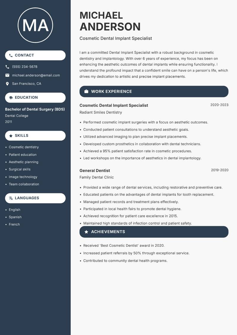 Dental Implant Specialist resume sample — Cosmetic Dental Implant Specialist focus