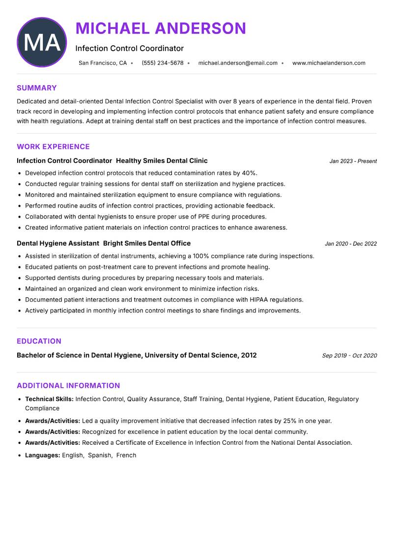 Dental Infection Control Specialist resume example