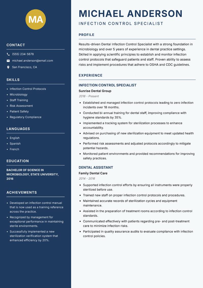 Dental Infection Control Specialist resume sample — Infection Control Specialist focus