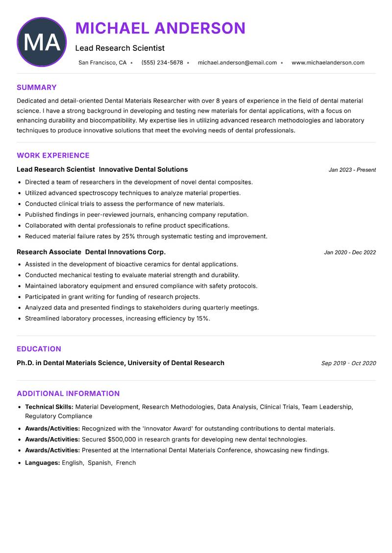 Dental Materials Researcher resume example