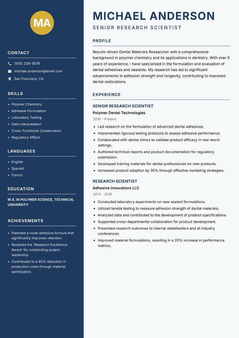 Dental Materials Researcher resume sample — Senior Research Scientist focus