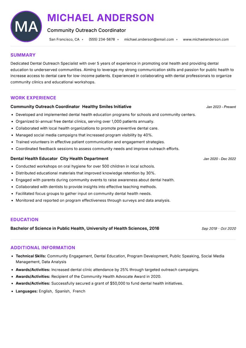 Dental Outreach Specialist resume example