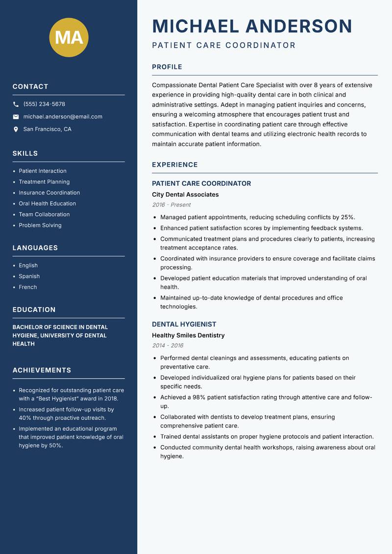 Dental Patient Care Specialist resume sample — Patient Care Coordinator focus