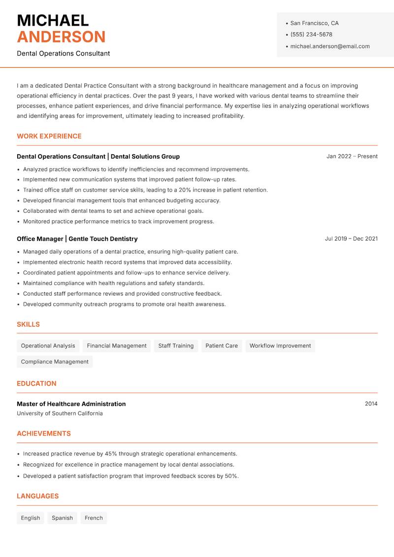 Dental Practice Consultant resume sample — Dental Operations Consultant focus