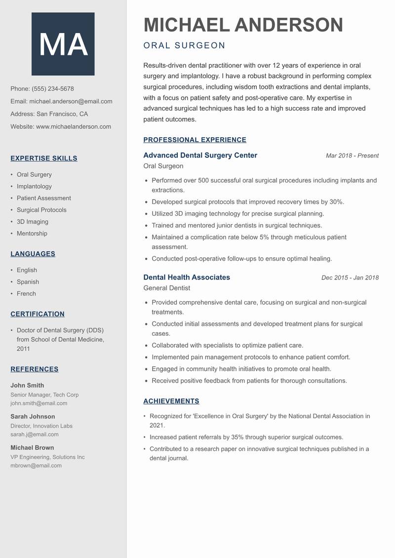 Dental Practitioner resume sample — Oral Surgeon focus