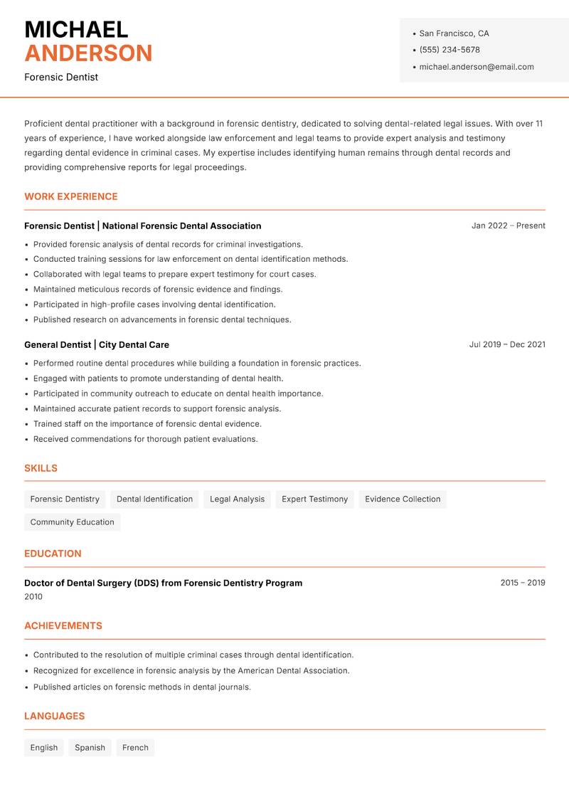 Dental Practitioner resume sample — Forensic Dentist focus