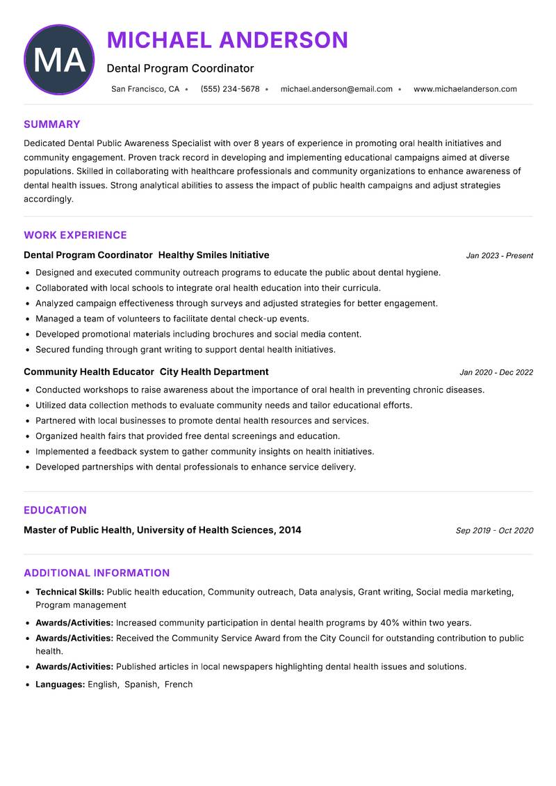 Dental Public Awareness Specialist resume example
