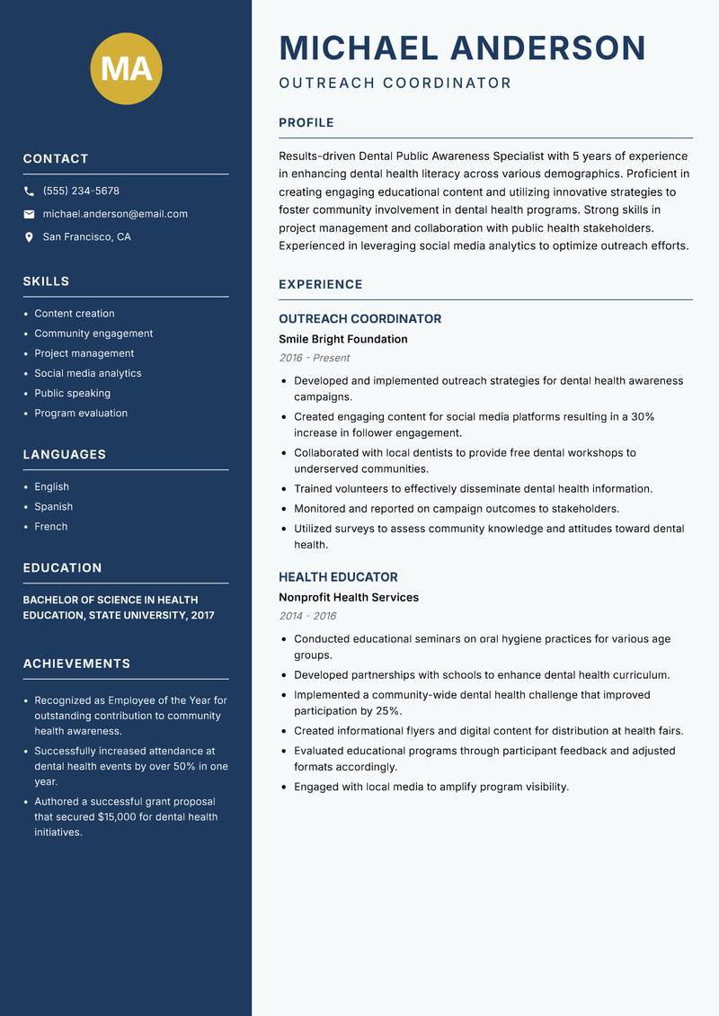 Dental Public Awareness Specialist resume sample — Outreach Coordinator focus