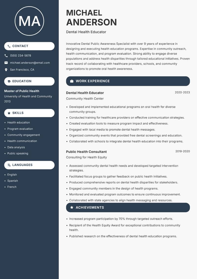 Dental Public Awareness Specialist resume sample — Dental Health Educator focus