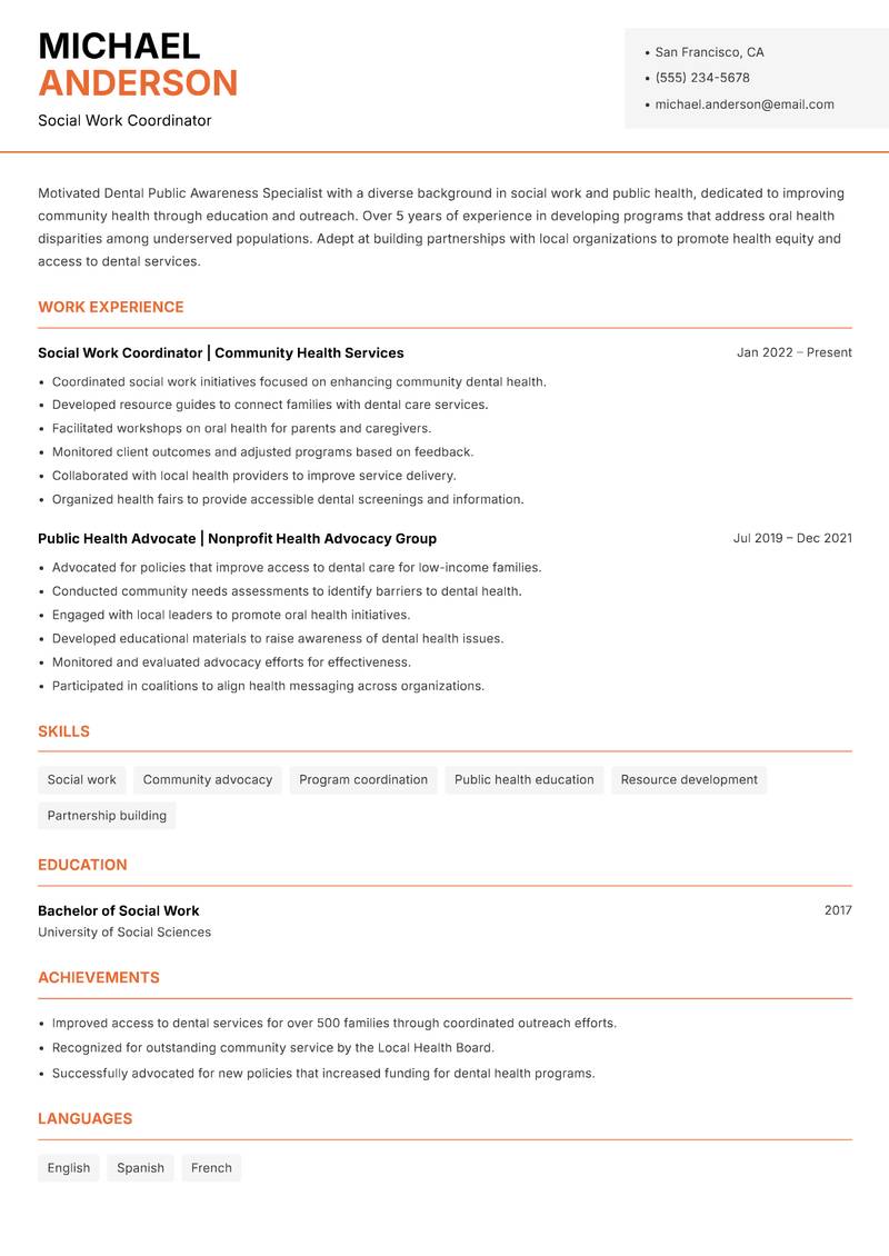 Dental Public Awareness Specialist resume sample — Social Work Coordinator focus