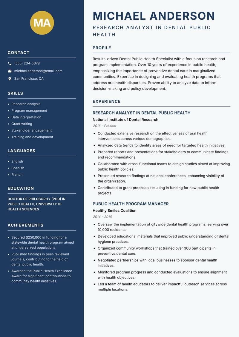 Dental Public Health Specialist resume sample — Research Analyst in Dental Public Health focus