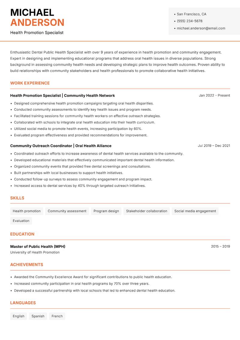 Dental Public Health Specialist resume sample — Health Promotion Specialist focus