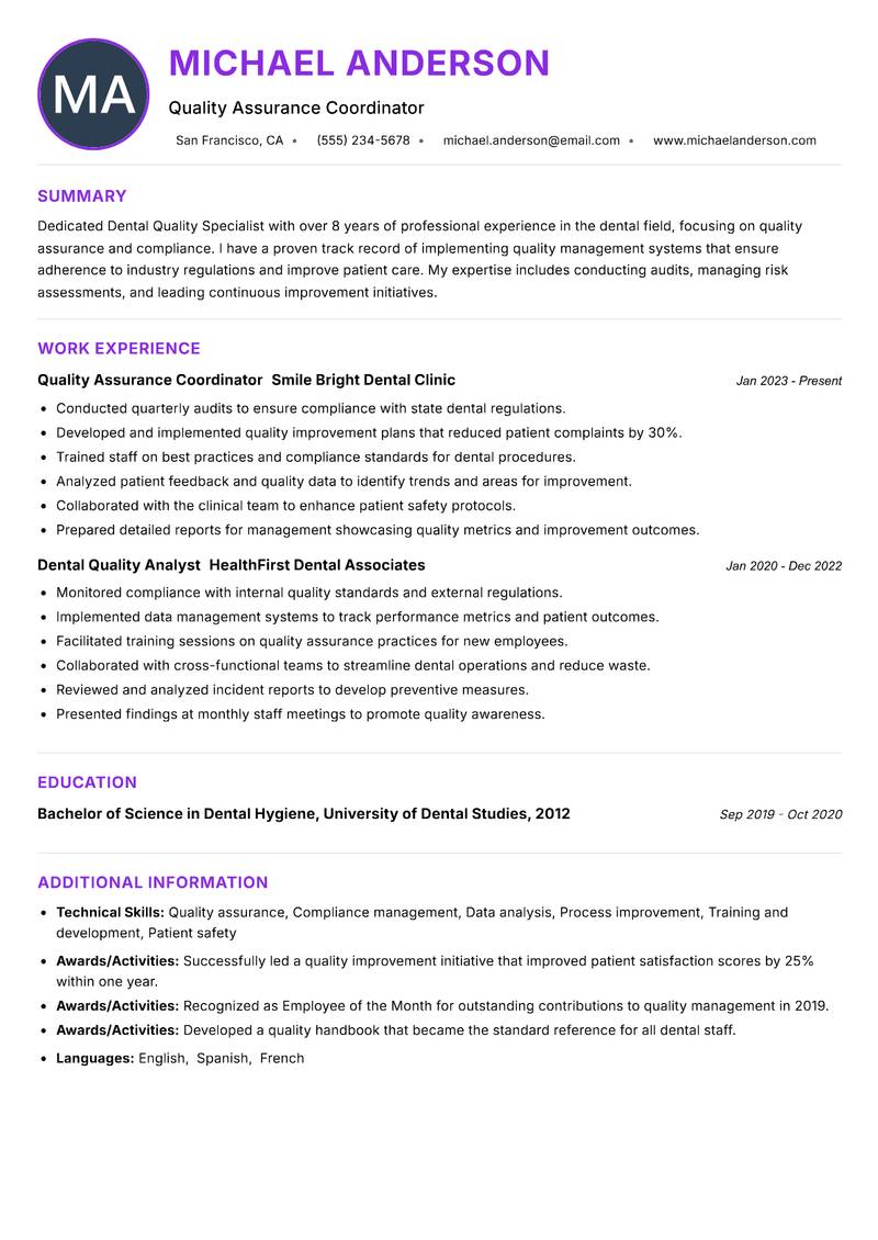 Dental Quality Specialist resume example