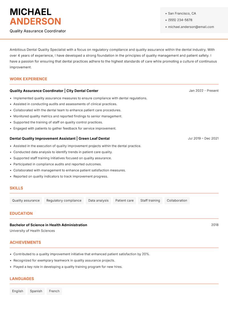 Dental Quality Specialist resume sample — Quality Assurance Coordinator focus